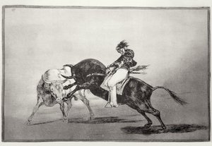 Tentýž Mariano Ceballos na býkovi láme krátké oštěpy v ringu v Madridu, deska 24 hospody „Umění býčích zápasů“. 1816 (lept) od Francisco Jose de Goya y Lucientes