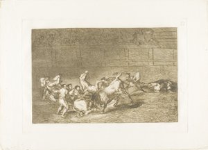 Dva týmy pikadorů vržené jeden po druhém jediným býkem, deska 32 z The Art of Bullfighting od Francisco Jose de Goya y Lucientes