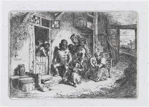 Talíř 10: dvě figury tančí, další sedící hraje na buben, ze série zvyků ..., 1850.