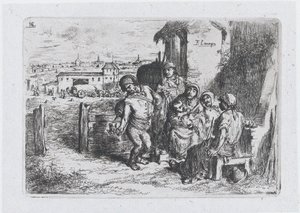 Talíř 16: skupina lidí venku, včetně muže nalévajícího víno nebo vodu z nádoby ..., 1850.