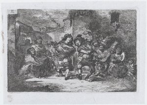 Deska 17: pouliční hudebníci a taneční postavy, ze série zvyků a zábav z..., 1850.