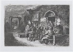 Deska 18: pouliční hudebníci a další postavy mimo krčmu, ze série celníků ..., 1850.