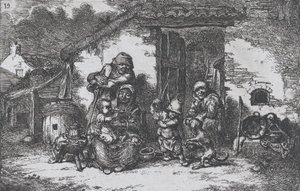 Talíř 19: rodina a chlapec si hrají se psem před domem, ze série Custom..., 1850.