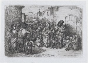 Deska 3: skupina pouličních hudebníků, ze série zvyků a zábav Španělska ..., 1850.
