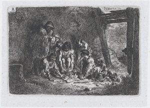 Talíř 8: skupina postav, z nichž některé hrají hru, ze série zvyků a..., 1850.