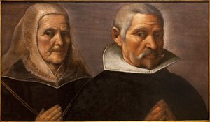 Portrét modlícího se páru věku. Obraz Francisco Pacheco (1564-1644), kolem roku 1630. Muzeum výtvarných umění v Seville, Španělsko.