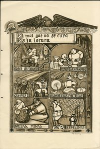 Ilustrace Francisco Sancha Lengo (1874-1936) - Létající list, cca 1915 - Zlo, které není vyléčeno, je šílenství - Válka 14-18, Německo Prusko, Dusivý plyn, Španělský jazyk, Zahraniční tisk od Francisco Sancha y Lengo