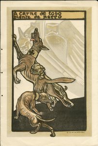 Ilustrace Francisco Sancha Lengo (1874-1936) - Létající list, cca 1915 - A carne de lobo diente de perro - Válka 14-18, Německo Prusko, Anglie Velká Británie, Belligerants a symboly, Francie, Španělský jazyk, Zahraniční tisk - Vilém II., Pes, Hid od Francisco Sancha y Lengo