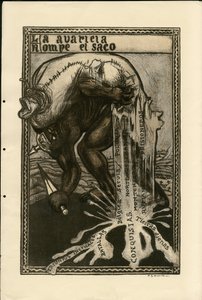 Ilustrace Francisco Sancha Lengo (1874-1936) - Letící list, kolem roku 1915 - Válka 14-18, Německo Prusko, Stříbro, Válčící strany a symboly, španělština, zahraniční tisk od Francisco Sancha y Lengo