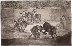 Býčí zápasy: toreador vstoupí do arény, aby zabil býka s kloboukem místo mulety od Francisco de Goya