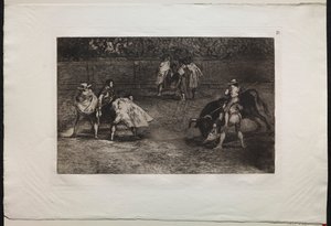 Býčí zápasy: Toreador nasazený na ramena asistenta, kopí býka od Francisco de Goya