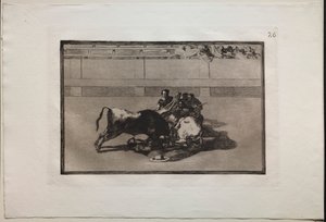 Býčí zápasy: Picador je bez koně a spadne pod býka od Francisco de Goya