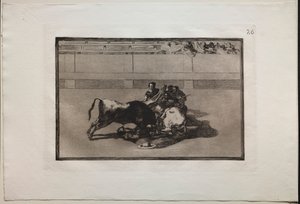 Býčí zápasy: Picador je unhorsed a padá pod býka, 1876. od Francisco de Goya