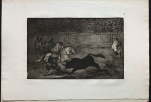 Býčí zápasy: Španělský jízdní rytíř lámající krátké oštěpy s pomocí asistentů od Francisco de Goya