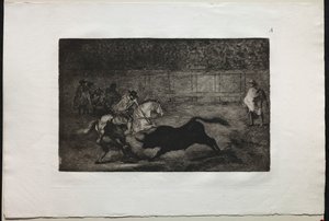 Býčí zápasy: Španělský jízdní rytíř lámající krátké oštěpy s pomocí asistentů, 1876. od Francisco de Goya
