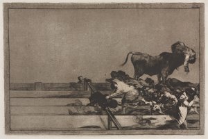 Býčí zápasy: Strašidelné události v předních řadách ringu v Madridu a smrt starosty Torrejonu od Francisco de Goya