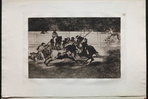 Býčí zápasy: Silný Rendon bodne býka Piquem, z kterého průsmyku zemřel..., 1876. od Francisco de Goya