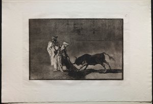 Býčí zápasy: Moors dělají jinou hru v ringu Volání býka s Burnous, 1876. od Francisco de Goya