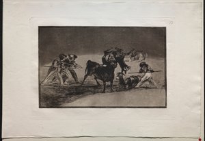 Býčí zápasy: Maurové používají osly jako bariéru k obraně před býkem, jehož rohy byly nakloněny koulemi od Francisco de Goya