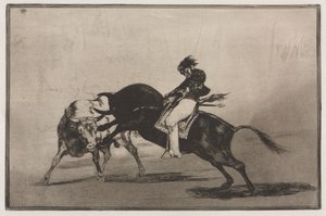 Býčí zápasy: Stejný ceballos nasazený na jiného býka láme krátké oštěpy v ringu v Madridu od Francisco de Goya