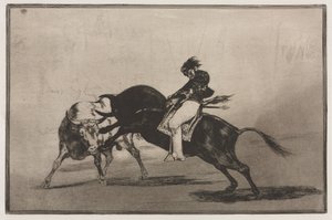 Býčí zápasy: Stejný ceballos nasazený na jiný býk láme krátké oštěpy v ringu, 1876. od Francisco de Goya