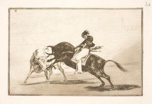 Tentýž Ceballos, sedící na hřbetě jiného býka, láme v madridské aréně krátké oštěpy od Francisco de Goya