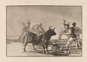 Rabble ochromí býka s kopími, srpy, banderillami a jinými pažemi od Francisco de Goya