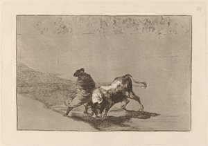 Velmi zručný student klamu, zabalený do pláště, oklame býka hrou svého těla od Francisco de Goya