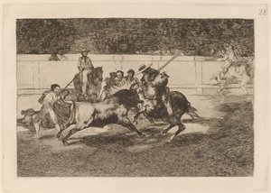 Nucený Rendon kousající býka, jehož osudu zemřel na madridském náměstí (The Forceful Rendon Bodl Bull with the Pique, from which Pass He Died in the Ring at Madrid) od Francisco de Goya