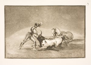 Španělský jezdec zabije býka poté, co ztratil koně od Francisco de Goya