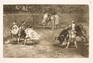 Toreador, sedící na ramenou asistenta, zablokuje býka od Francisco de Goya