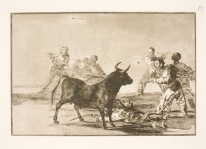 Lidé bodají býka kopími, srpy, banderillami a dalšími zbraněmi od Francisco de Goya