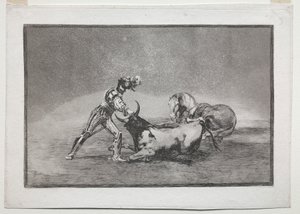 La Tauromaquia: Španělský rytíř zabil býka poté, co ztratil koně od Francisco de Goya