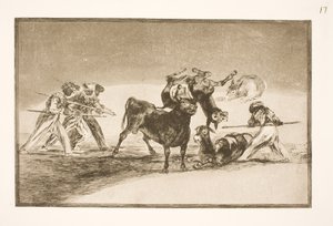 Maurové používají osly jako bariéru k obraně proti býkovi, jehož rohy byly opatřeny kulkami od Francisco de Goya