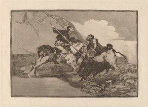 Způsob, jakým staří Španělé lovili býky na koni na poli (The Way in the Ancient Spaniards Hunted Bulls on Horseback in Open Country) od Francisco de Goya