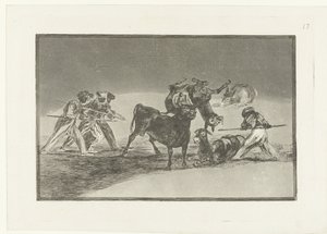 Maurové a osli bojující s býkem Palenque de los Moros hecho con burros para defence del toro embolado La Tauromaquia (název série) Býčí zápasy (název seriálu) od Francisco de Goya