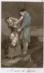 Hon na zuby, deska 12 „Los caprichos“, konec 18. století (barevný lept) (viz také 81631) od Francisco de Goya