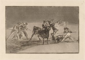Palenque de los moros hecho con burros para defencese del toro embolado (Muři používají osly jako bariéru k obraně proti býkovi, jehož rohy byly nakloněny koulemi) od Francisco de Goya