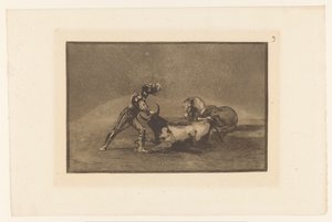 Spanse rider doodt een stier Španělský rytíř zabije býka poté, co ztratil svého koně Stierengevechten (název série) La Taureamachie (název série) Býčí zápasy (název seriálu) od Francisco de Goya