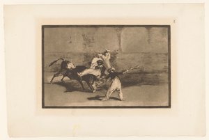 Býka popadnou toreadoři Cogida de un Moro estando en la plaza Býčí zápasy (název série) La Taureaumachie (název série) La Tauromaquia (název série) od Francisco de Goya