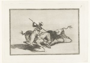 Stierenjacht te paard Temperamentní Moro Gazul je první, kdo v pořadí nabodne býky Býčí zápasy (název seriálu) Stierenvechten (název série) od Francisco de Goya