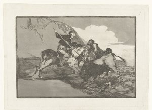 Stierenjacht te paard Jak staří Španělé lovili býky na koních na poli Stierenvechten (název série) Býčí zápasy (název seriálu) od Francisco de Goya
