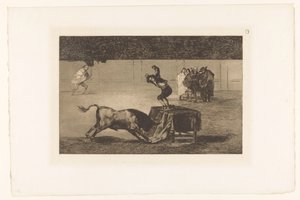 Toreador stojící na stole v aréně Otra locura suya a la misma plaza Býčí zápasy (název série) La Taureaumachie (název série) La Tauromaquia (název série) od Francisco de Goya