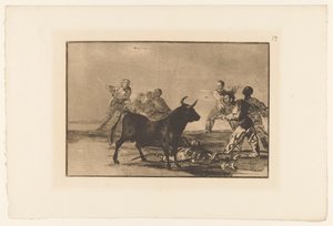 Stierenvechters rondom een ​​​​stier Hýždě darebák s oštěpy, půlměsíce, branderillas a další zbraně Stierengevechten (název série) La Taureamachie (název série) Býčí zápasy (název seriálu) od Francisco de Goya