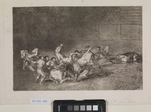 Dva týmy pikadorů jsou jeden po druhém sraženy jediným býkem od Francisco de Goya