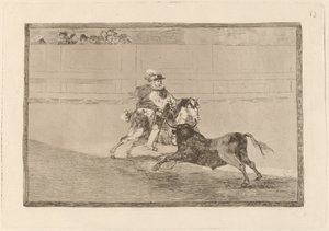 Un caballero espanol en plaza quebrando rejoncillos sin auxilio de los chulos (španělský jízdní rytíř v ringu lámající krátké oštěpy bez pomoci asistentů) od Francisco de Goya