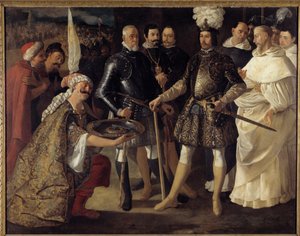 Reconquista: „“Vzdání Sevilly před Ferdinandem III. králem Kastilie a Leónu““ Maurové předali klíče od města kastilskému králi 22. 12. 1248. Obraz Francisco de Zurbaran (1598-1664) 1634.Ne. 157,5x208,2 cm Soukromý sběr