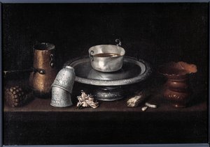 Zátiší čokoládová snídaně čokoládový pohár, poháry. Obraz Francisco de Zurbaran (1598-1664). 17. století Besancon, Muzeum výtvarných umění od Francisco de Zurbaran