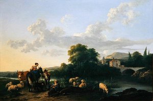 Rolníci a dobytek v italské krajině (olej na panelu) od Franciscus Xaverius Xaverij