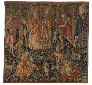 Tapiserie zobrazující lov na bažanta, možná z Tournai, kolem roku 1480 (vlna a hedvábí)
